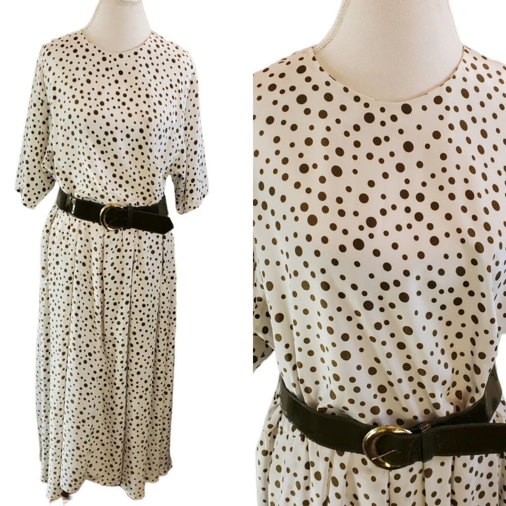 Vintage 80s Polka Dot Belted Midi Dress Shirt Sleeve offehite Olive Green‎ Sz XL